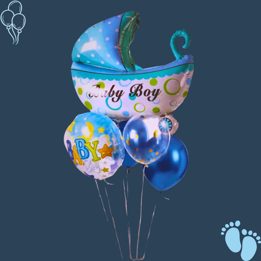 זר בלונים "מיכל" - עם בלון בצורת עגלה ליולדת בן | בלוניטי