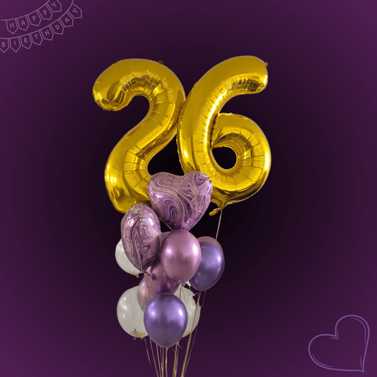 זר "מאיה" - זר עם ספרות ליום הולדת לאישה בצבעי סגול וזהב | בלוניטי