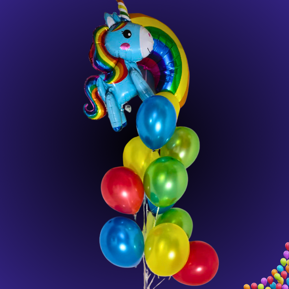 זר בלונים "עמית" - זר בלונים חד קרן וקשת בענן | בלוניטי