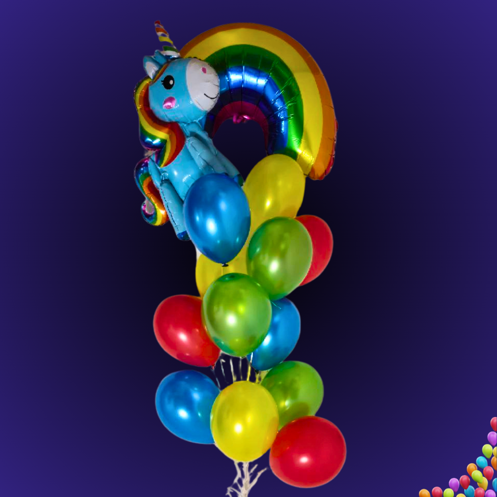 זר בלונים "עמית" - זר בלונים חד קרן וקשת בענן | בלוניטי